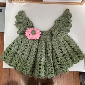 Green Crochet Baby Dress with Pink Flower